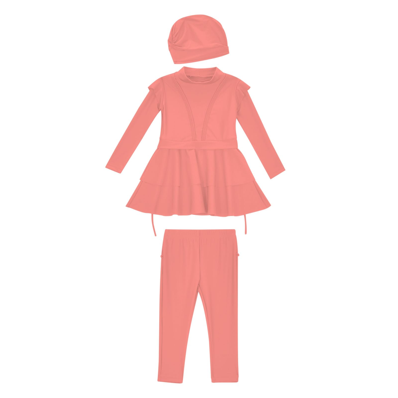 Generisch Kinder Mädchen Muslimische Bademode Langarm Burkini mit Hijab Volle Abdeckung Rash Guard Badeanzug 3tlg Rüschen Tankini Set Sommer Badebekleidung