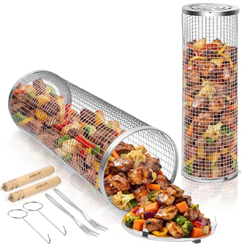 Ezilif 2PCS Rolling Grill Baskets 304 Stainless Steel BBQ Accessories with Removable Wooden Handle & Nesting Net Outdoor Grill Rack for Veggies Meat Prawns Birthday Gifts for Men Dad Husband