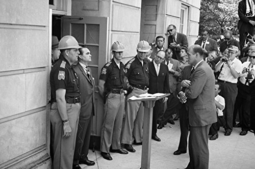 George C Wallace N(1919-1998) American Politician Wallace (Left In Suit) As Governor Of Alabama Attempting To Block Integration At The University Of Alabama By Standing In The Doorway While Being Conf