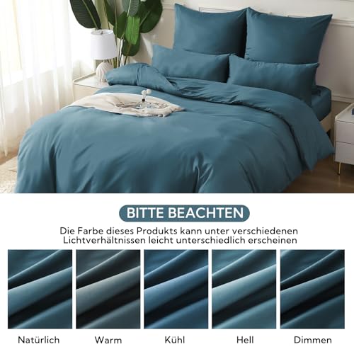 SOULFUL Satin Bettwäsche 200x200 Baumwolle Kühlend, Oeko-Tex, Pfauenblau – Ansicht 6