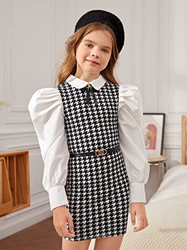 WDIRARA Girl's Houndstooth Long Puff Sleeve Fitted Mini Dress Vintage Cute Dress3