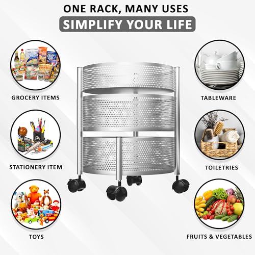Image of Kuber Industries 3 Layer Metal Kitchen Storage Rack /Trolley with Wheels | Round Shape - Silver