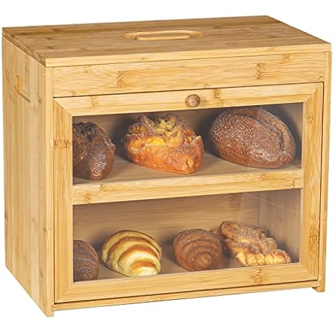 Giikin Large Bamboo Bread box for Kitchen countertop, 2 Layer Bread Storage with Clear Windows, rustic bread bin Cover