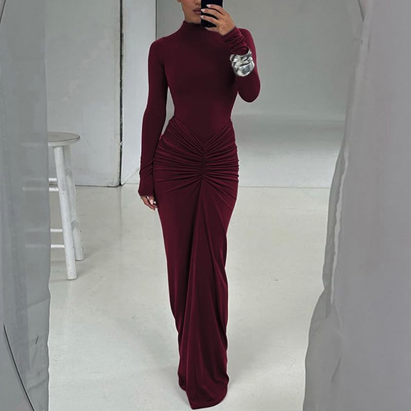 Womens Sexy Maxi Dress Long Sleeve Ruched Bodycon Turtleneck Club Party Casual Wedding Dresses - Image 2