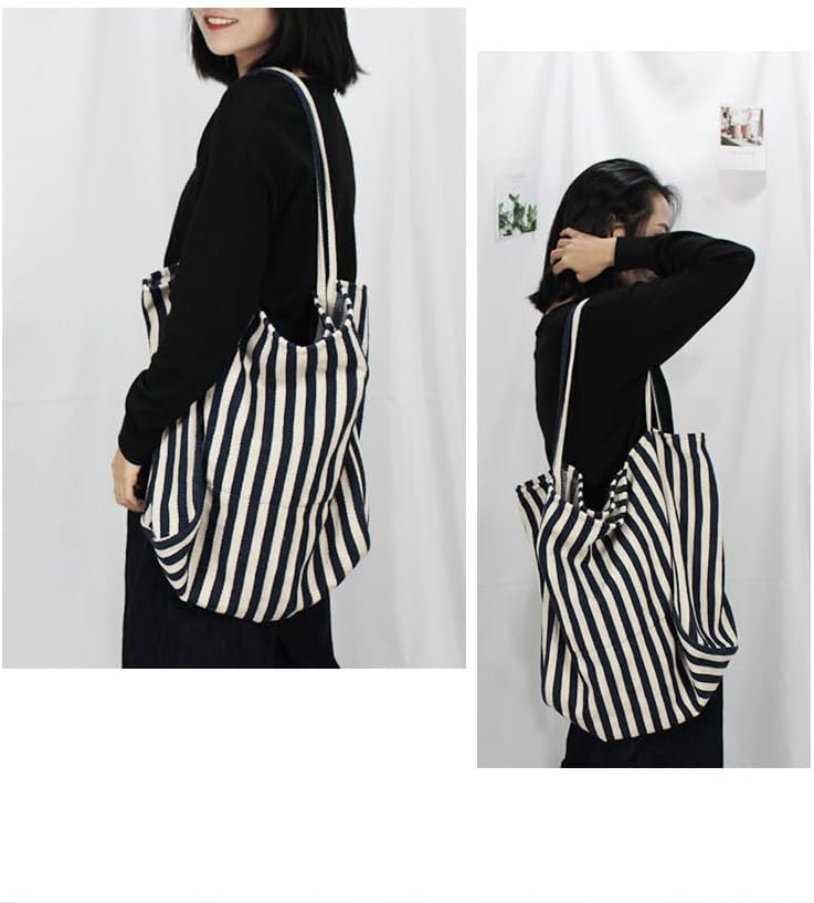 2 Pcs Lightweight Soft Casual Striped Canvas Shopping Tote Bags with Inner Pocket - Image 7