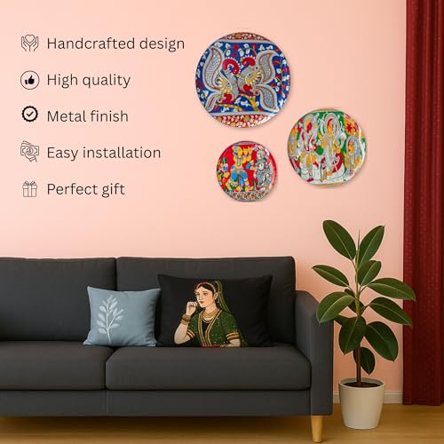 RITUALISTIC Kalamkari Madhubani Wall Plates for home decoration | Wall decor items for living room | Metal Wall décor | Gift items for women and men | Home Décor Gift Item | Set of 3 plate - Image 3