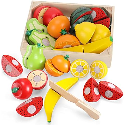JUWUGU Kitchen Toy for Children, Wooden Toy, Cooking Toy, Cutting Fruit Wooden Food with Velcro Connection, Educational Toy for Preschool Ages Toddlers Boys Girls Outdoor / Indoor Cover