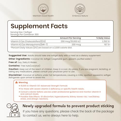 VEV Vitamin D3 K2 10000 IU, 300 Virgin Coconut Oil Softgels, 2 in 1 Vitamins Supplement D & K (Include MK7), Easy to Swallow, Supports Calcium Absorption, Bone Health(Packaging May Vary) - Image 3