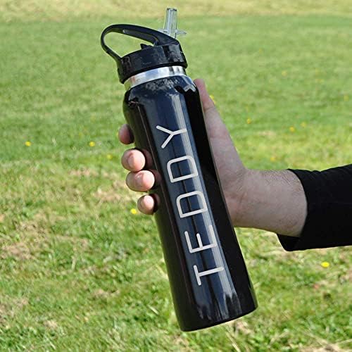 eBuyGB Personalised Water Bottle with Flip Straw for School, Nursery, Gym - Reusable BPA Free 800ml Stainless Steel Sports Drinks Travel Bottle Cup for Children, Adults - Any Name or Text (Black)