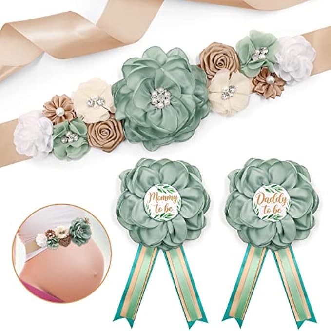 Sage Green Maternity Sash and Corsage Pin Set Mom to Be Daddy to Be Corsage Greenery Theme Baby Shower Decorations Olive Green Belly Belt Gender Reveal Party Gift Keepsake Pregnancy Photo Props