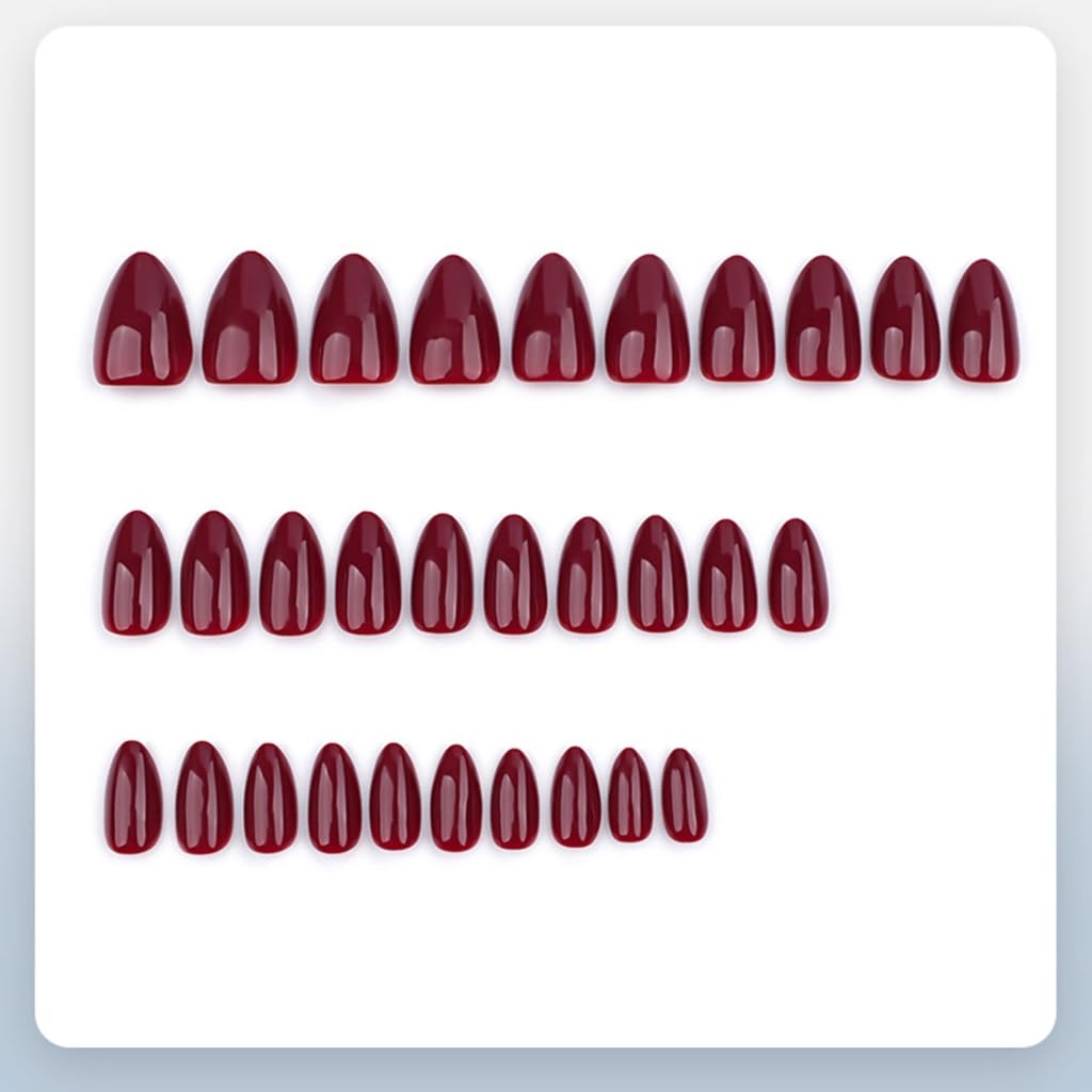 Wine Redness Almond Fake Nails Glossy Stick on Nails Full Covers False Nails Acrylic Stick on Nails Women