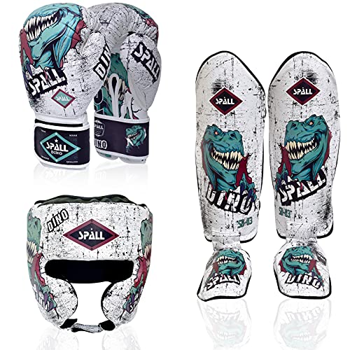 Spall Pro US Boxing Acessories - MMA Head Gear, Shin Instep Guards, Boxing Gloves (Set of 3) (White, Small)