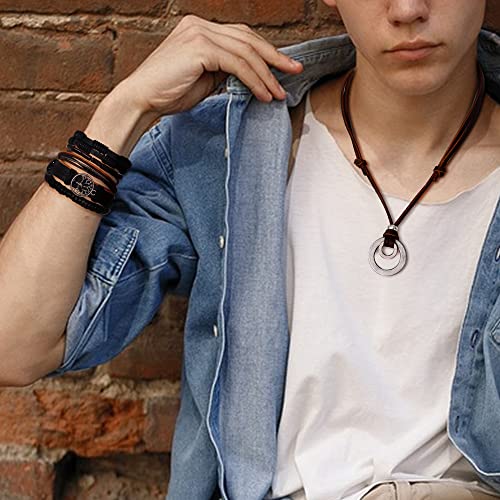 Sanfenly Mens Leather Necklace Bracelet Jewelry Set Black Brown Vintage Tribal Wolf Tooth Cross Double Circle Pendant Necklaces Handmade Wood Bead Braided Bracelets Wristbands Adjustable #TOP2