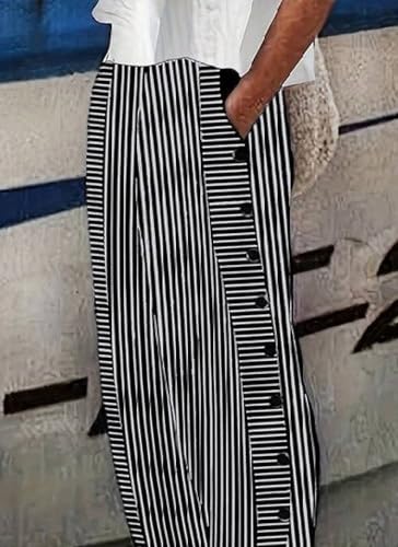 Women's Black and White Striped Wide Leg Pants with Side Buttons 2025 Spring Fashion for Casual and Everyday Wear Pants3
