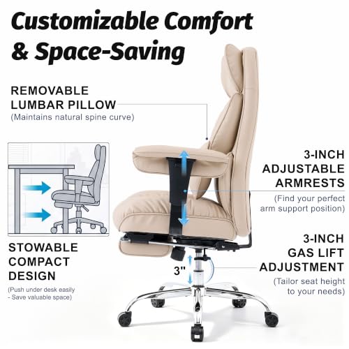 Image of Efomao Executive Office Chair 400lbs,Beige Big and Tall Desk Chair | Mattress-grade pocket spring cushion, sleek leather, 135 recline & footrest for computer gaming setup.