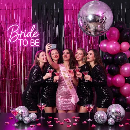 Image of TONIFUL 2Pcs Black Hot Pink Metallic Tinsel Foil Fringe Curtains Streamers | 3.3ftx6.6ft Photo Booth Backdrop Door Streamer for Bachelorette 16th 21st Birthday Girls Night Out Music Themed Party Decor