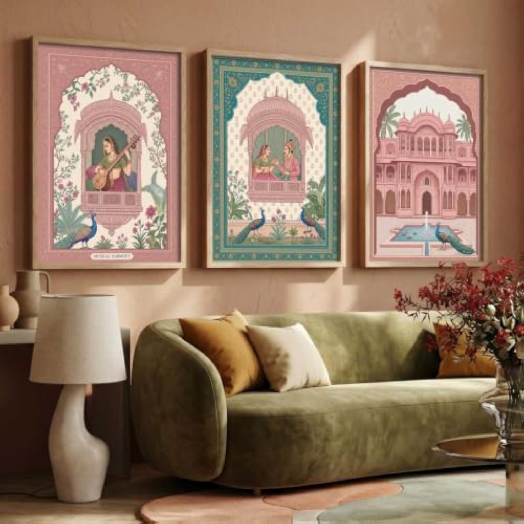 Rajasthani Art Framed Wall Paintings Set of 3, Pink Tones