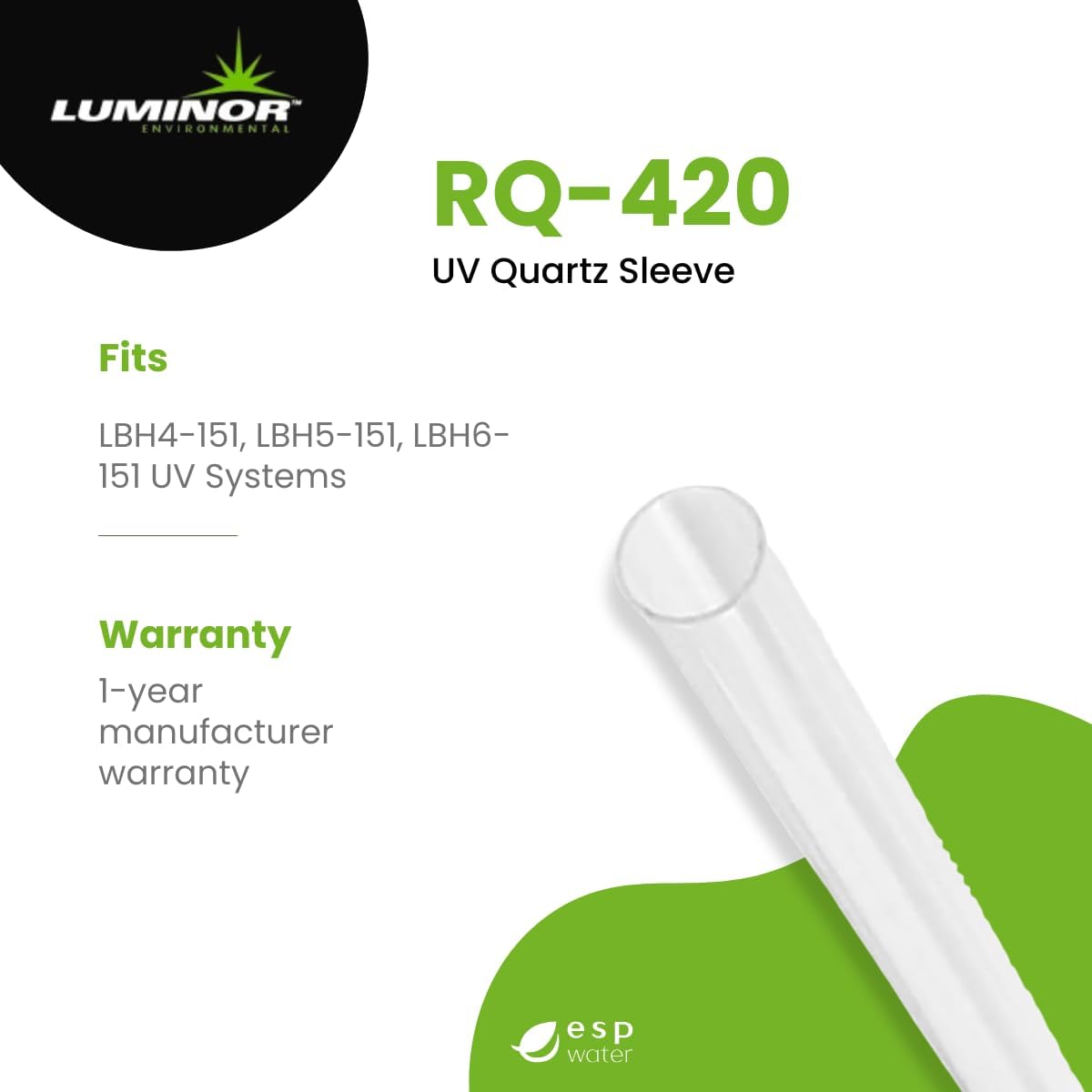 Luminor RQ-420 UV Quartz Sleeve for LBH4-151, LBH5-151, LBH6-151 Model UV Water Filter Systems, Genuine OEM Replacement Protects UV Lamp, 18.4 Inches Long