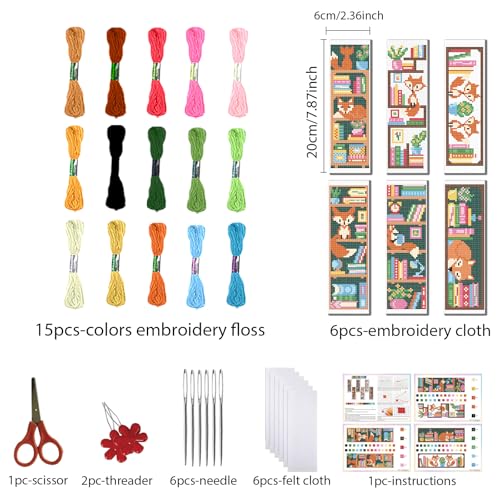 Image of FREEBLOSS 6 Set Cross Stitch Bookmark Kits Fox Bookshelf Pattern Stamped Embroidery Kit Stitch Bookmarks DIY Book Marks Printed Cross Stitch Kits with Instructions for Beginners Adults, 8''x2.4''