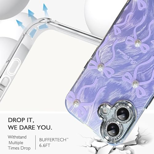 Image of VONZEE Compatible with iPhone 17 6.3'' Case Luxury Pink Girly Cute 3D Bow Pearl Glitter Bling Case with Full Camera Protection Shockproof PC+TPU Glossy Shiny Cover for Girls Women, Purple