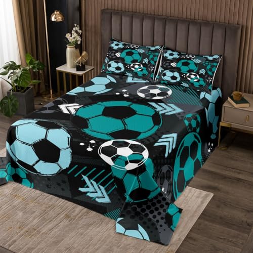 jejeloiu Boys Soccer Bedspread King Size Kids Football Coverlet Set for Girls Teens Sports Ball Gaming Geometric Quilted Coverlet Room Decor