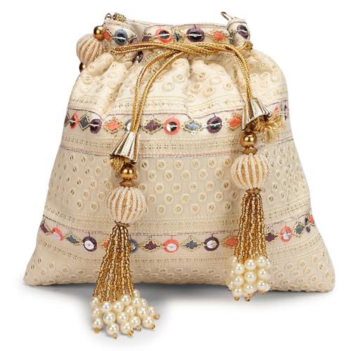 Image of LONGING TO BUY Indian Embroidered Pearl Potli Bag For Women, Sequence Design with Tassel, Wedding Potli Bags