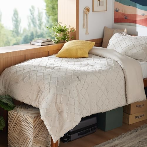 Image of Bedsure Twin Comforter Set - Beige Comforter, Boho Tufted Distressed Vintage Bedding for Kids, 2 Pieces Farmhouse-Style Bed Set for All Seasons, Fluffy Soft Bedding with 1 Pillow Sham