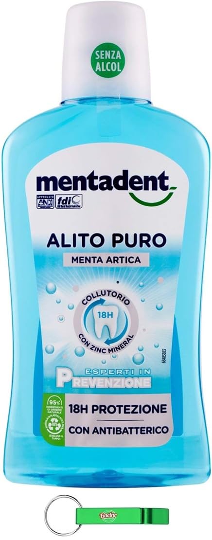 12 x MENTADENT Collutorio Alito Puro - Collutorio quotidiano per l'igiene orale, effetto fresco intenso, protezione di denti e gengive, 500 ml + portachiavi Beni Culinari