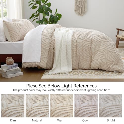 Image of BEDELITE Queen Comforter Set - Tufted Boho Bedding Set, Beige Boho Comforter, Soft Lightweight Comforter Queen, 3 Pieces Farmhouse Jacquard Bed Set for All Seasons