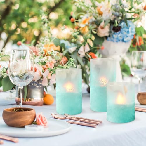 Image of Blue Flameless Candles with Remote Aqua Glass Handmade Sandblast Battery Operated Candles Flickering Decorative LED Pillar Candles for Home Bathroom Coastal Theme Wedding Decorations