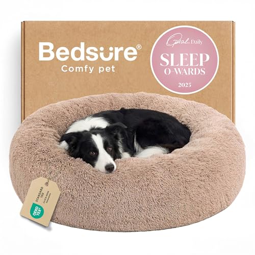 Bedsure Calming Dog Beds Large Sized Dog - Donut Washable Large Pet Bed, 36 inches Anti-Slip Round Fluffy Plush Faux Fur Dogs Bed, Fits up to 80 lbs Pets, Camel