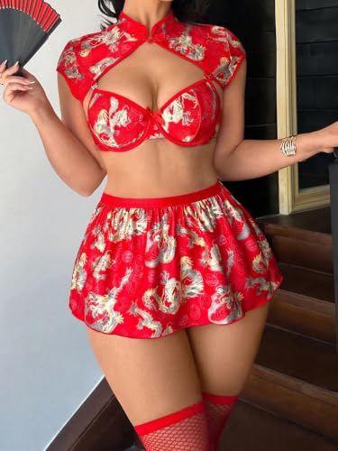 Image of Alrovetoney Sexy Lingerie Fantasy Costume Sexy Series Printed Cut-Out Slit Women's Costume Red S-XXL