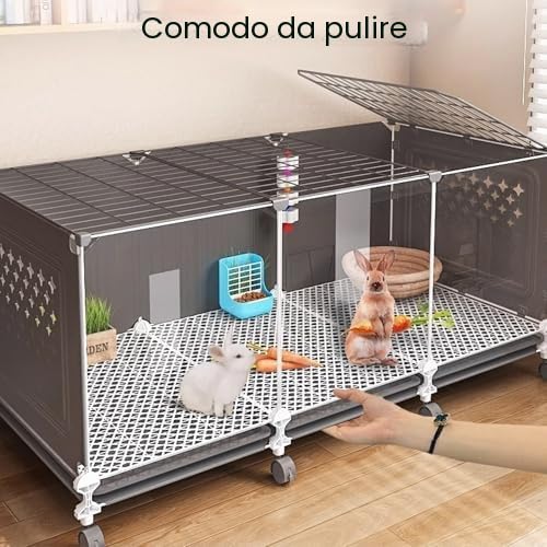 Gabbia per coniglio interno su ruote con vassoio facile da pulire, costruzione modulare, design trasparente e pannelli laterali ventilati perforati