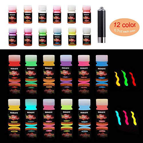 HXDZFX Glow in The Dark Paint UV Paint(Set of 12 Bottles 20g. Each) Safe Non-Toxic for Slime,Nails,Epoxy Resin,Acrylic Paint,Halloween,Fine Art and DIY Crafts