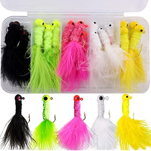 20pcs Crappie Jig Head Fishing Lure Kit Marabou Feather Jig Head Hooks Fishing Jig Lures for Panfish Trout Bass Pike Walleye Bluegill Perch