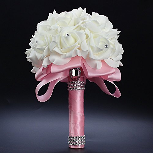 Linghe Wedding Bouquets for Bride White, Wedding Bouquet Bridesmaid，Artificial Roses Holding Flowers for Home Decor, Floral Arrangements, Party Decoration (pink)