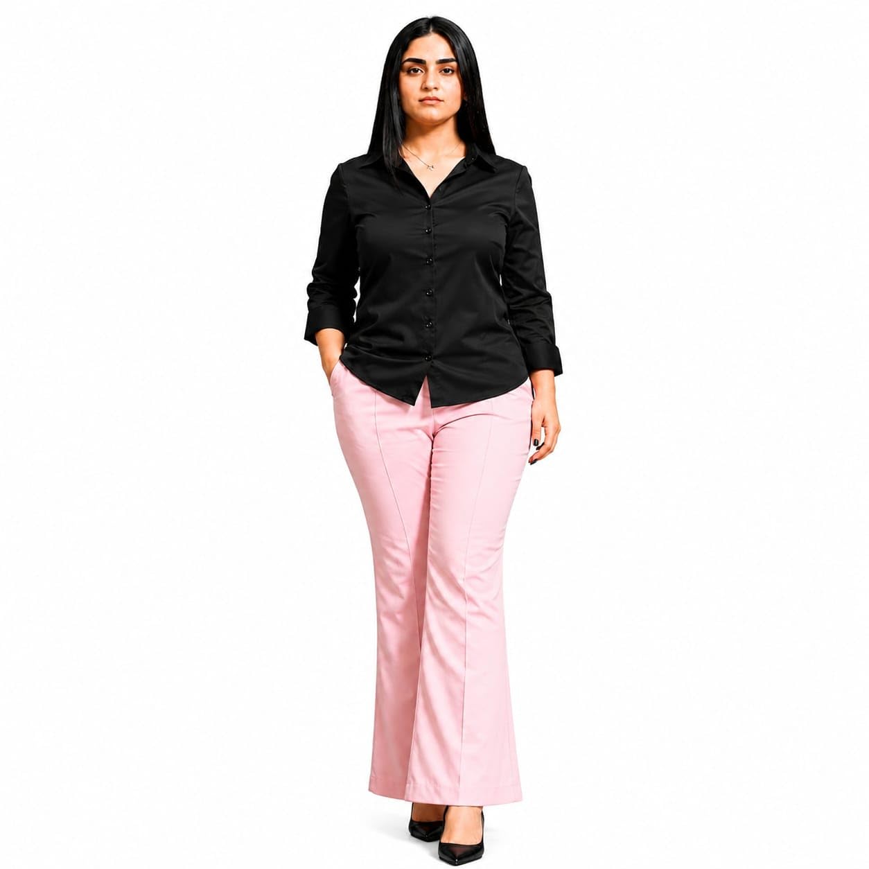 Women's Two Piece Suit Set, Pink and Black Color Block Formal Outfit-image-21