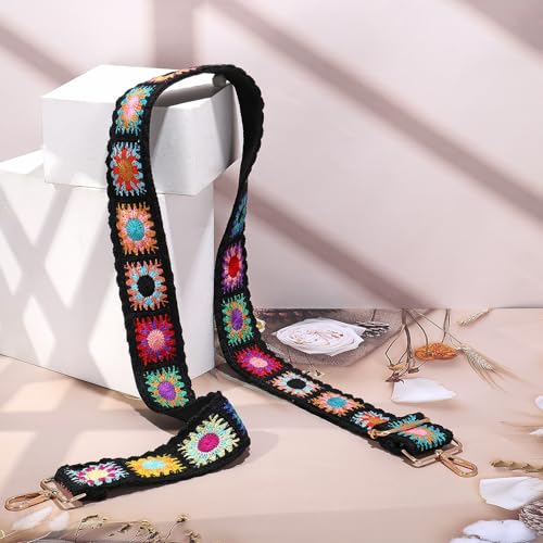 Image of Crochet Flower Purse Strap,Knit Wide Replacement Crossbody for Shoulder Strap Bag Adjustable 2inch Guitar Strap