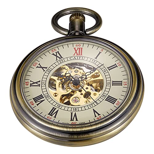 Image of Gold Uncovered Men's Mechanical Pocket Watch, Uncovered Roman Design Dial Chain Mechanical Pocket Watches for Men-Gold