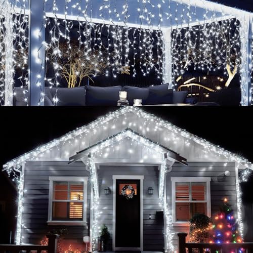 Fiqops Cadena de luces de lluvia de hielo para exteriores, 15 m, blanco frío, 600 LED, cadena de luces con enchufe, luces de hadas para interiores, fiestas, jardín, Navidad, boda, iluminación