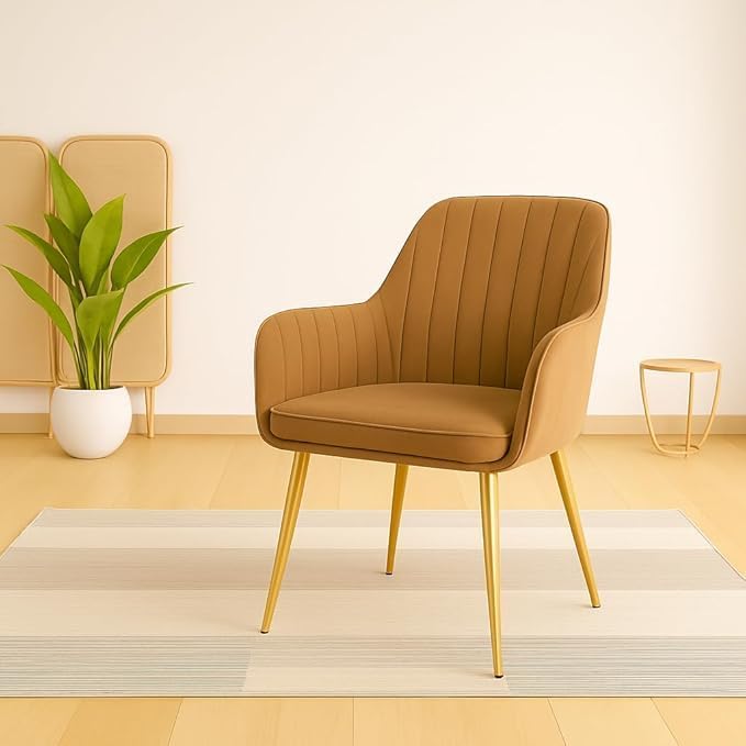 Image of Toxigo Velvet Office and Garden Area Outdoor Chairs | Cushion Seat Chair with Pillows for Modern Contemporary Upholstered with Polished Rosegold Metal Designer Piece | Set of 2 (Light Brown)