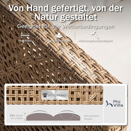 PHI VILLA Gartenmöbel Set Balkonmöbel 3 Teilig, Rattan Lounge Möbel Outdoor mit 1 Chaiselongue, 1 Zweisitzer-Sofa und 1 Kleiner Couchtisch, 4 Personen Terassenmöbel Außen Gartensofa