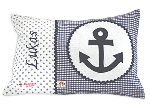 Glückspilz Namenskissen Babykissen I Anker Maritim I mit Namen personalisiert I Geschenk zu Geburt, Taufe, Geburtstag I Blau Pink I 25 x 35 cm