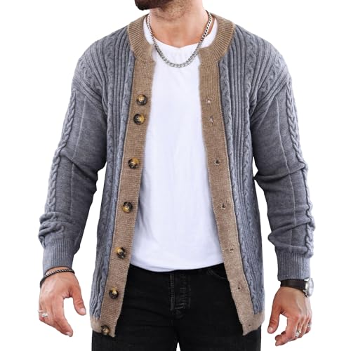 Cardigan en tricot torsadé pour homme, pull vintage col en V boutonné texturé