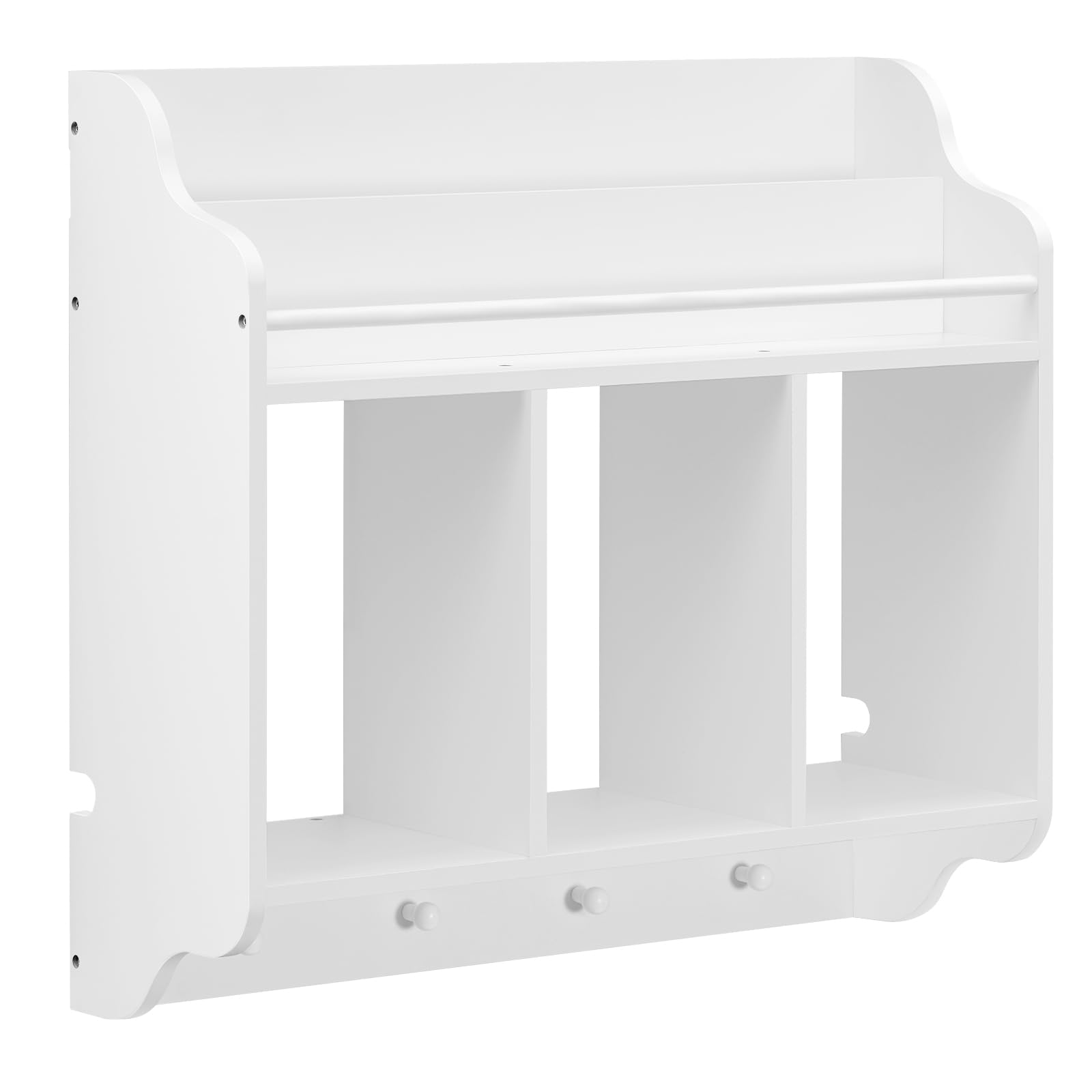 WOLTU Étagère Murale Enfant, Bibliothèque Murale, Bibliothèque Enfant, Étagère Livre Enfant avec 3 Compartiments Ouverts, 2 Étagères, 4 Crochets, en MDF et Bois Massif, Blanc