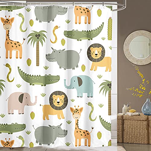 Yookeb Kids Safari Animals Bathroom Shower Curtain Cute Cartoon Childish Nursery Hippo Crocodile Lion Elephant Giraffe 60W By 71H Inch Polyester Fabric 12 Plastic Hooks Waterproof Decor #TOP4