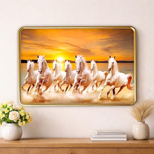 Image of XOPY Seven Running Horses with Golden Frame | Vastu 7 horses Raw Pyrite Painting for Home, Office & Living Room Wall Decore | 12X18 Inch Sparkle Laminated Frame | Best For Gifting (3096, 12X18)