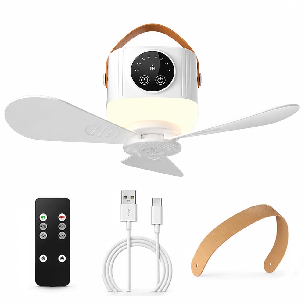 Rppiup Camping Fan with Light & Remote, 7200mAh Rechargeable Portable Ceiling Fan, Tent Fans with 4 Speeds,3 Light Modes, Detachable Fan Blades, Timer, for Tent Car Picnics Travel