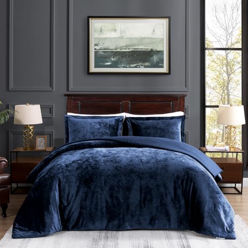TAMGHO Navy Blue Velvet Comforter 3pc Queen Set, Crushed Velvet Bedding for All Seasons, Dark Blue Bed Set: 1 Comforter (92