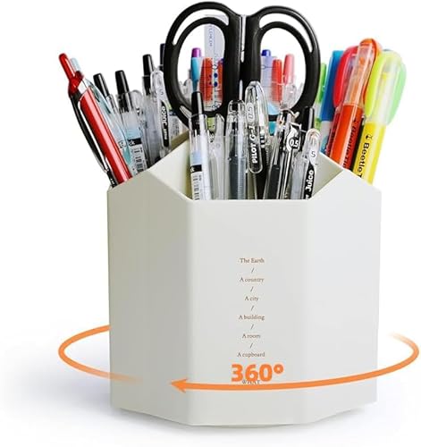 FRETONBA Portalápices Giratorio - Organizador de Sobremesa, Organizador de Escritorio Con 5 Compartimentos, Soporte Para Lápices de 360 Grados, Gran Capacidad (Blanco)